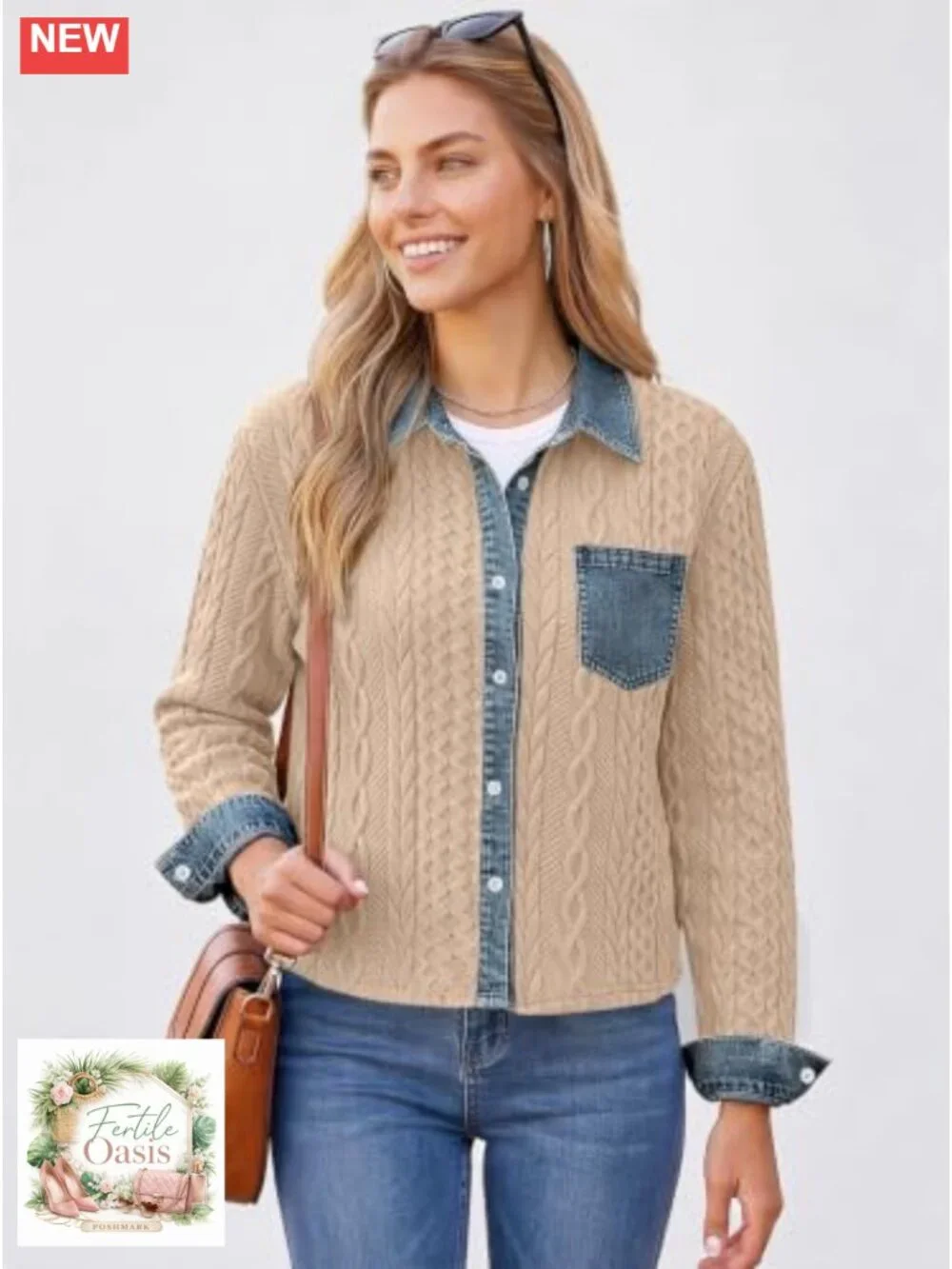 Disamer Women's Cropped Denim Collared Bomber Jacket Knit Shacket